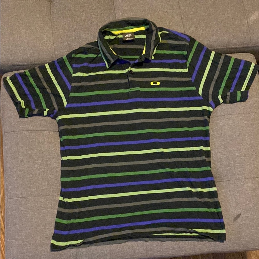 Oakley Multi Striped Polo / Golf Shirt Men’s Size Large Black Green Purple Grey